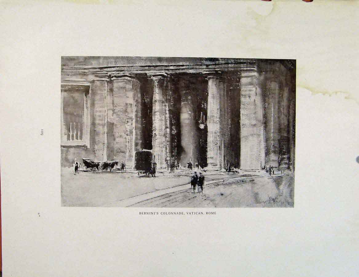 Old Antique Print Architectural Etchings Berninis Colonnade Vatican Rome 18th