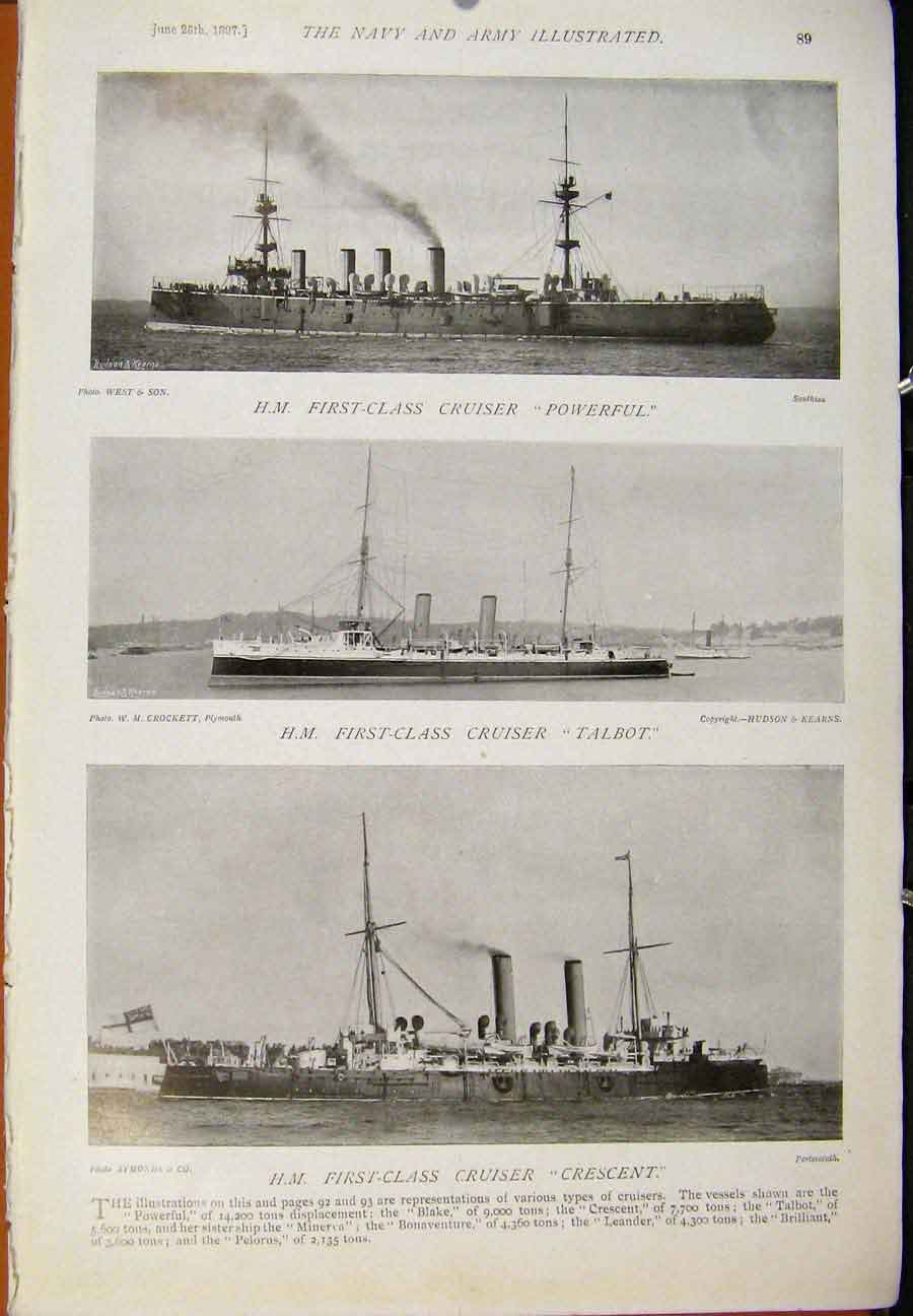 Original Old Antique Print Navy & Army Battleship Renown Mars Powerful Talbot