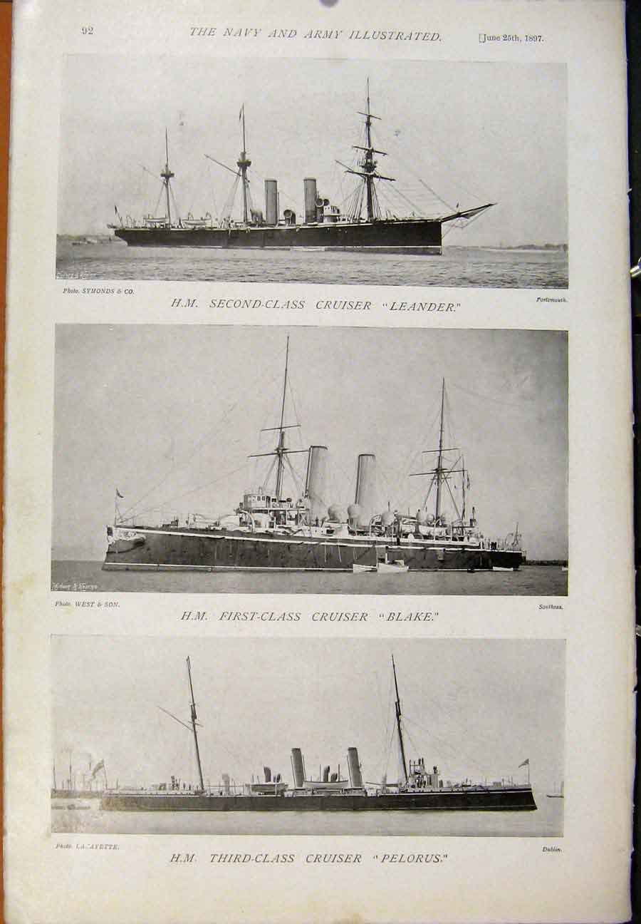 Original Old Antique Print Navy & Army Line Battleship Second Class Cruiser
