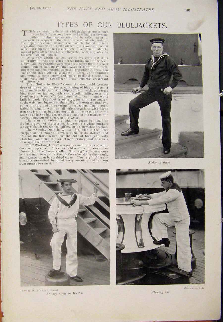Original Old Antique Print Navy & Army Naval Stations Devonport Bluejacket Types