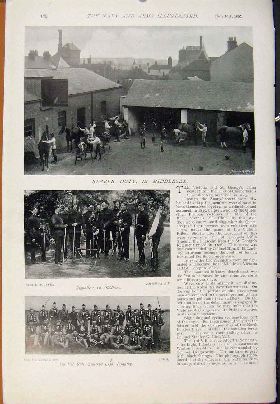 Original Old Antique Print Navy & Army Middlesex On Parade Stable Duty