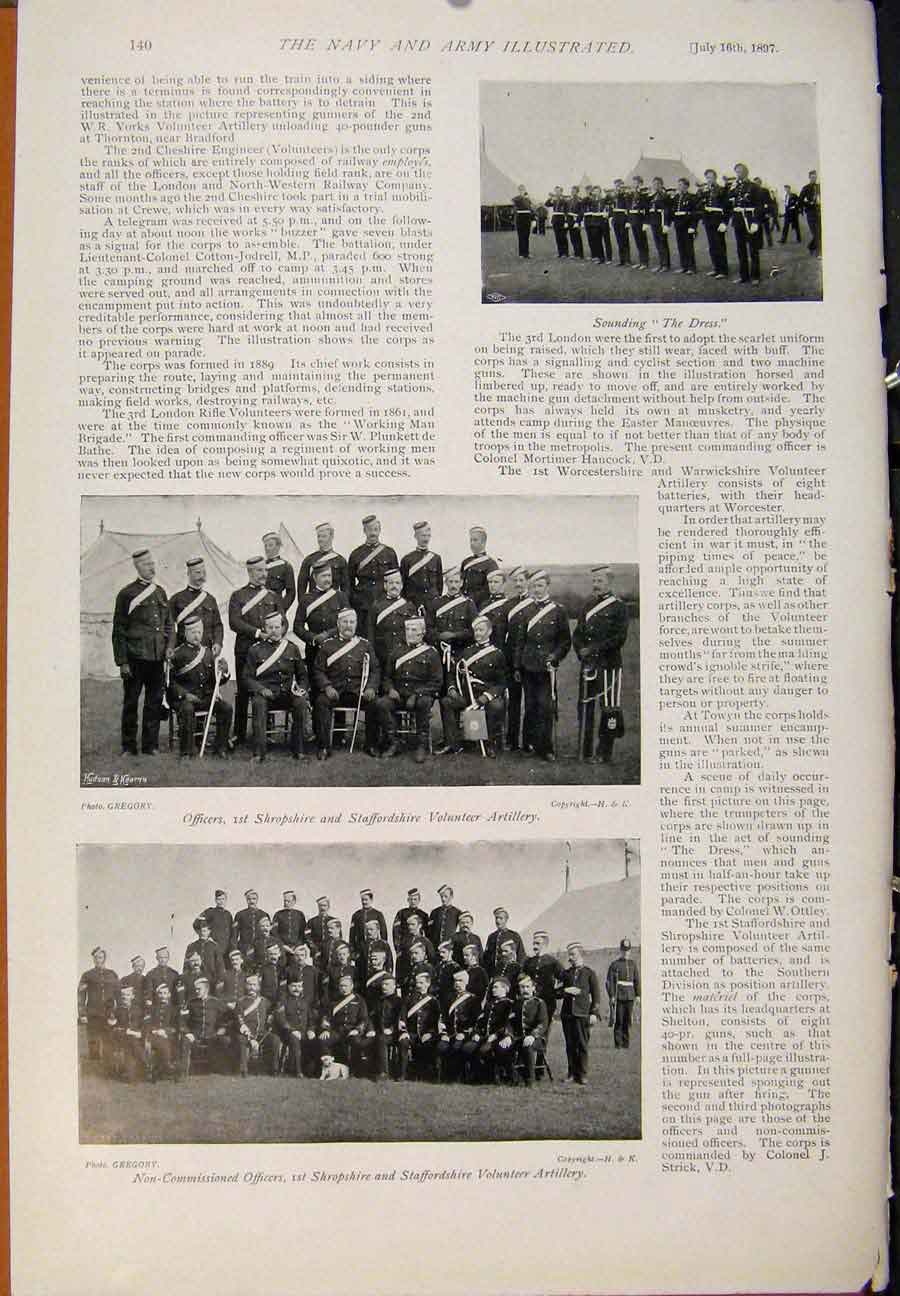 Original Old Antique Print Navy & Army 3Rd London Officers Shropshire Stafford