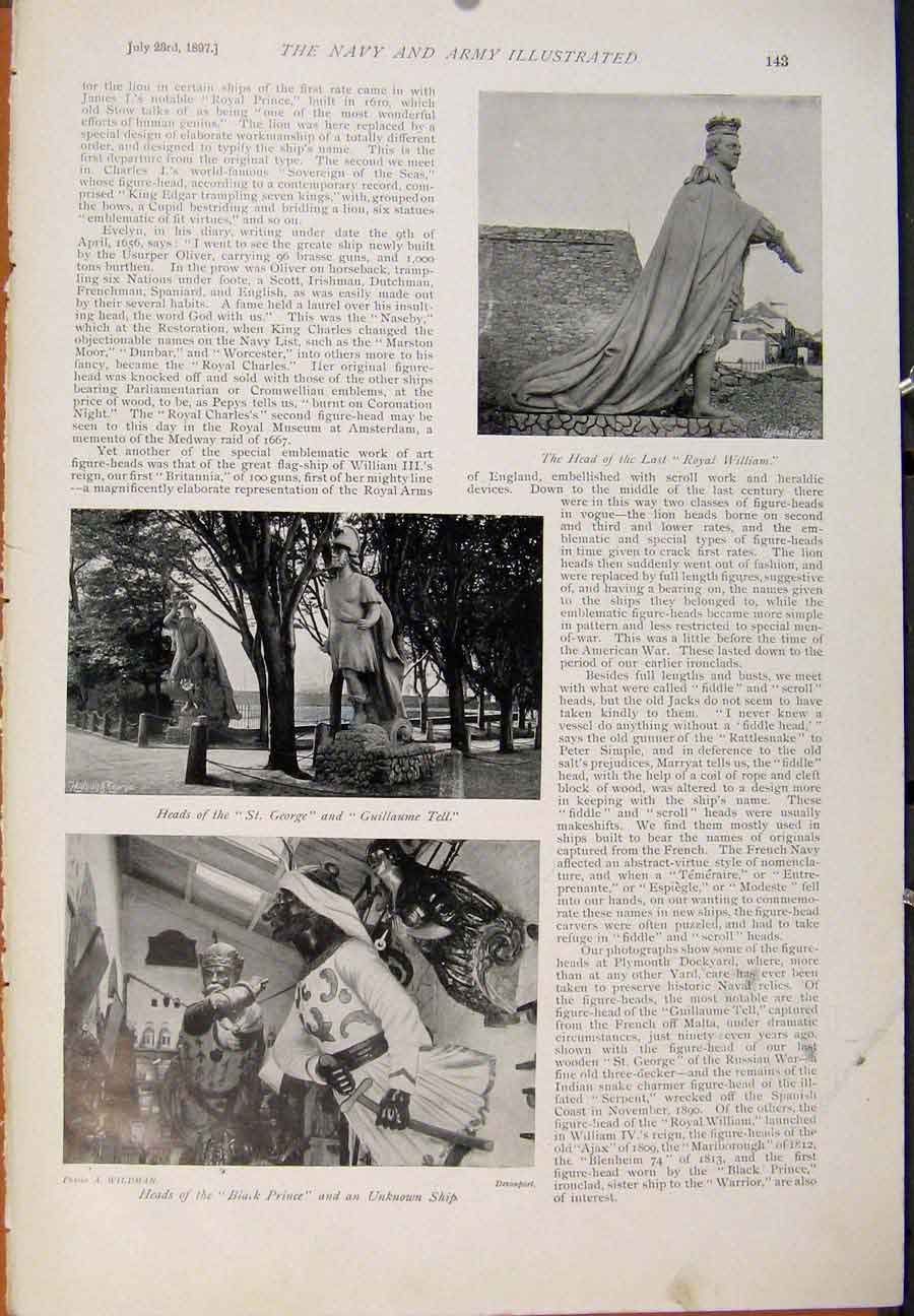 Original Old Antique Print Navy & Army Ships Company Battle Ship Anson Statues