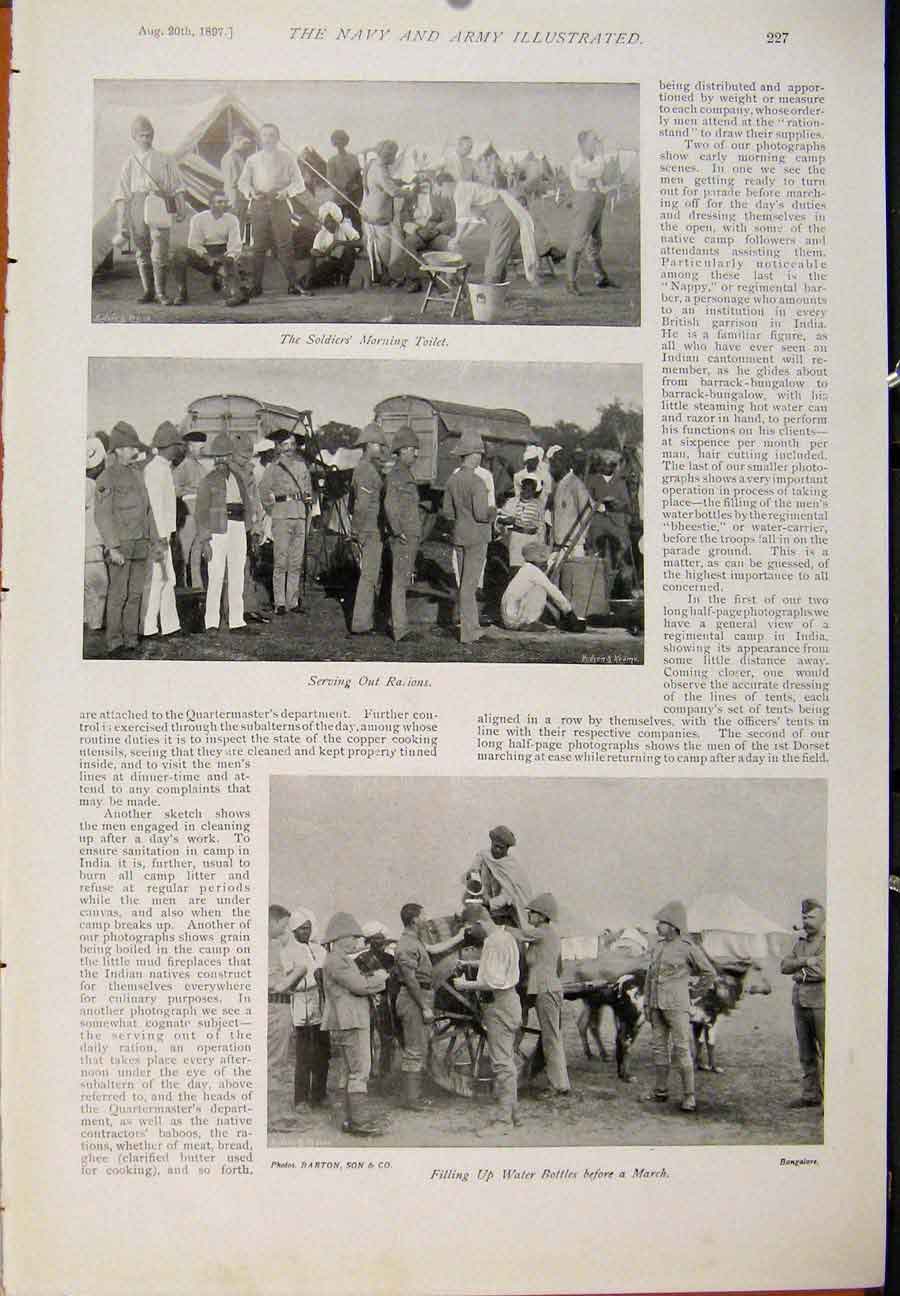 Original Old Antique Print Navy & Army View Camp 1St Dorset Returning To Camp