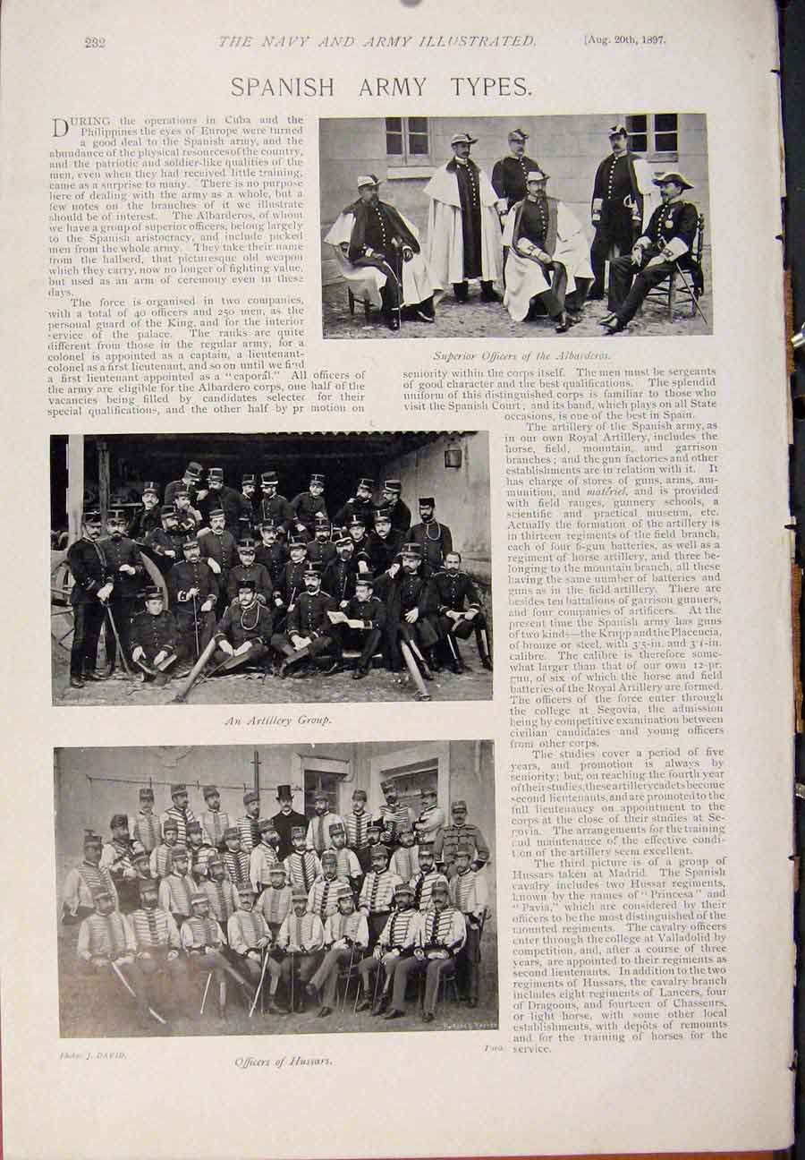Original Old Antique Print Navy & Army Light Dragoons Hussars Spanish Army Types