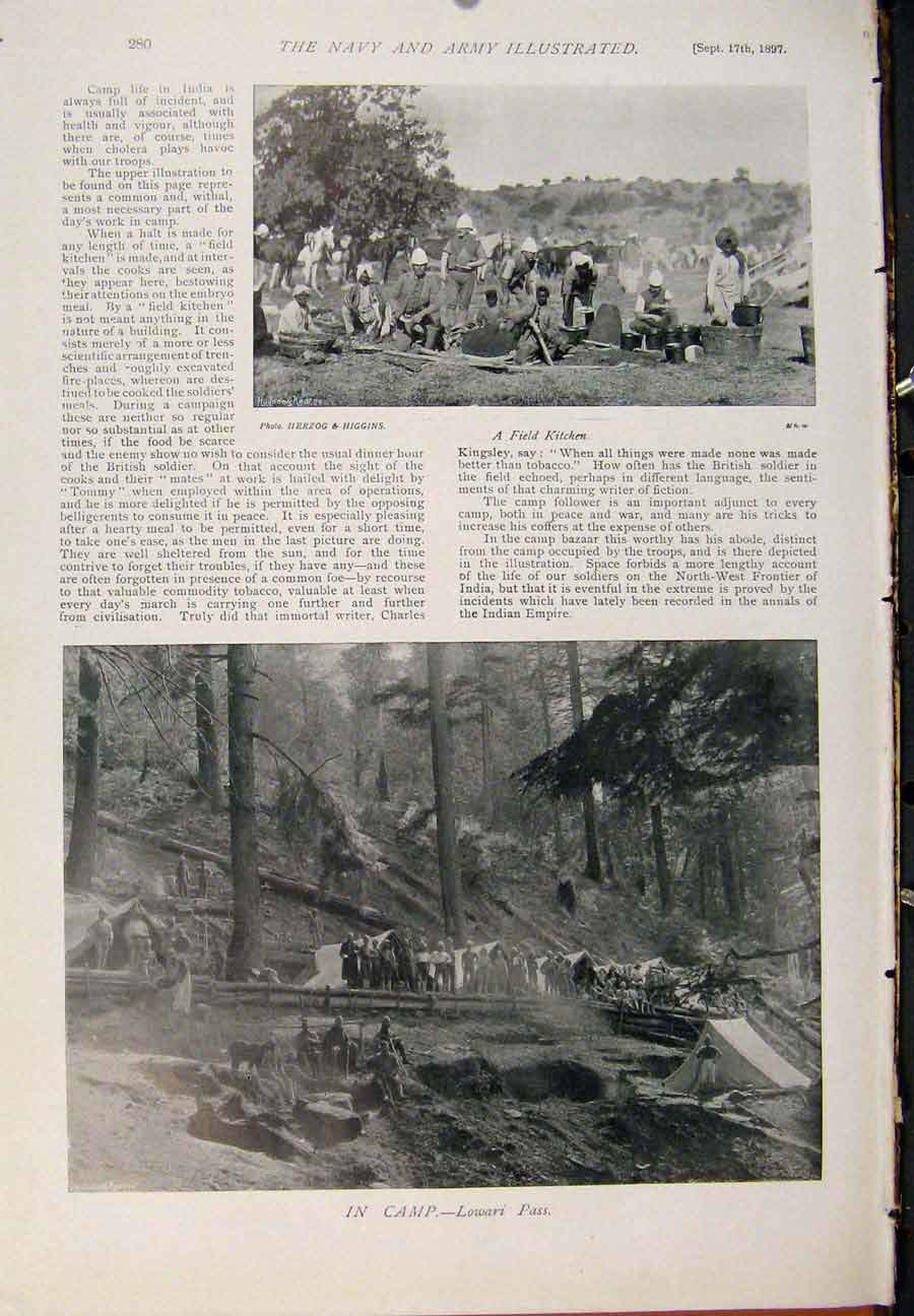 Original Old Antique Print Navy & Army Guides On Parade Field Kitchen In Camp