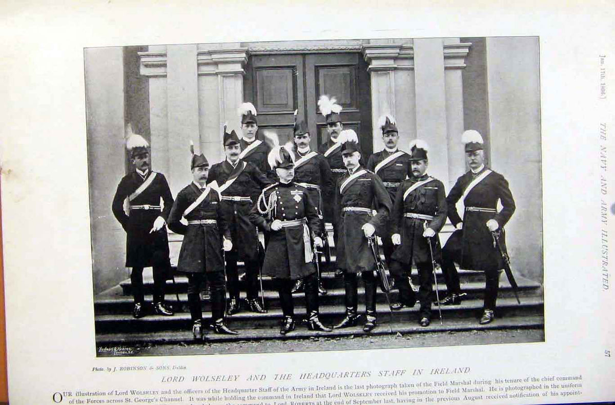 Original Old Antique Print Navy & Army Trooper Trumpeter Blues Ireland Staff