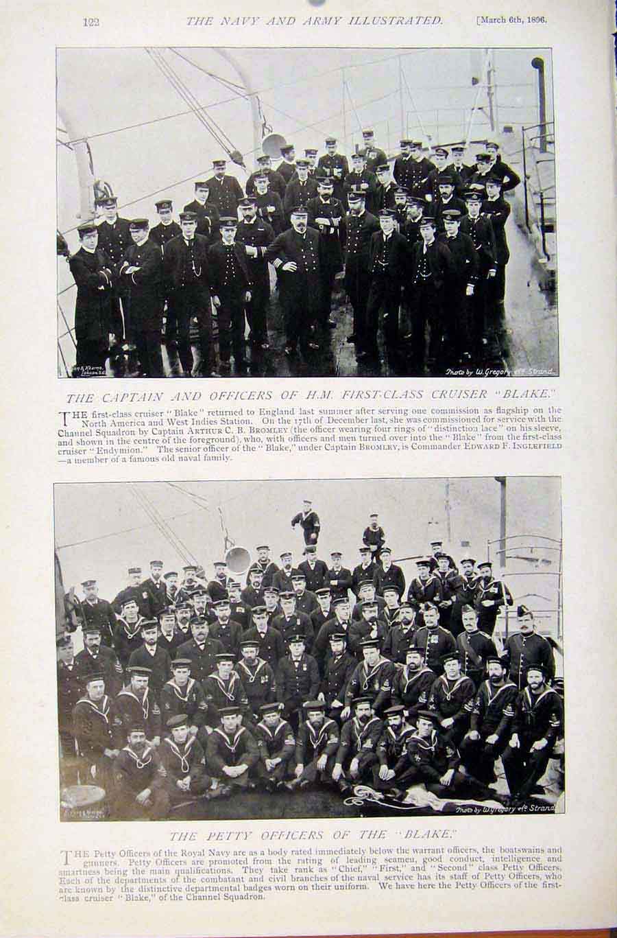 Original Old Antique Print Navy & Army Sir Norwell Salmon Cruiser Blake Officers
