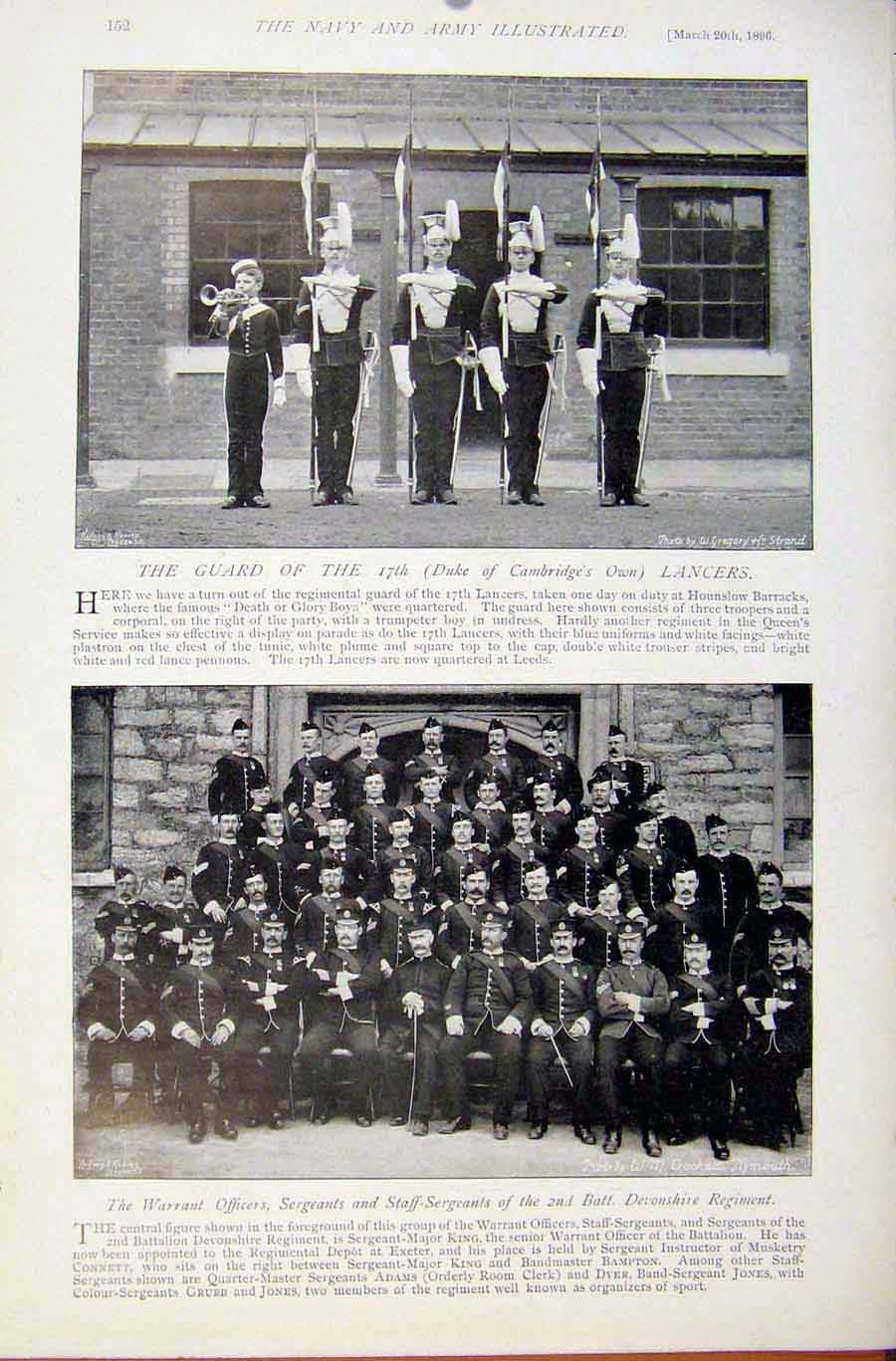 Original Old Antique Print Navy & Army Hussars Drums Horse Lancers Guards