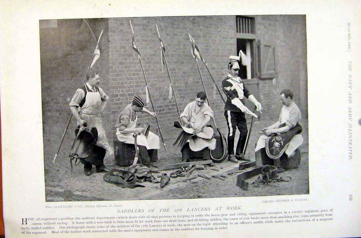 Old Antique Print Navy & Army Scots Greys Watering Horses Saddler Lancers