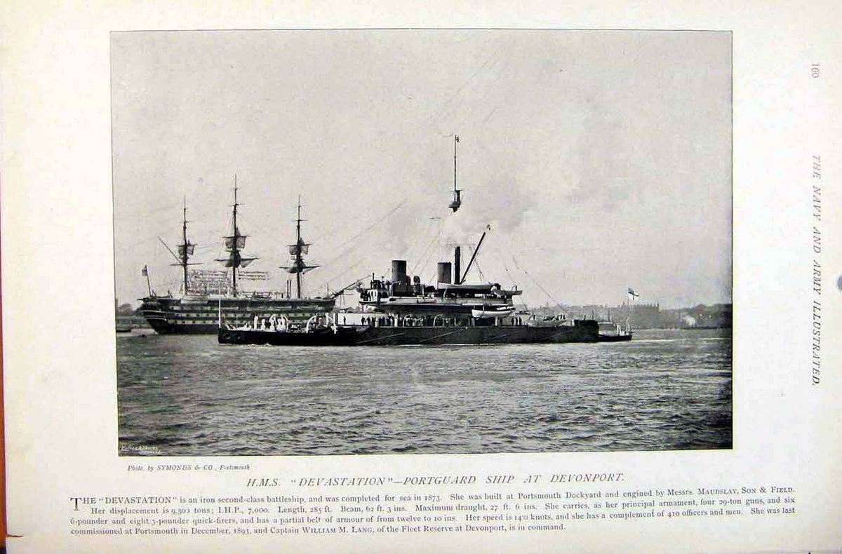 Old Antique Print Navy Army Warspite Portguard Ship Queenstown Devenport