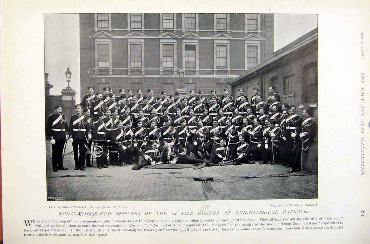 Original Old Antique Print Navy & Army Colours Grenadier Guards Knightsbridge