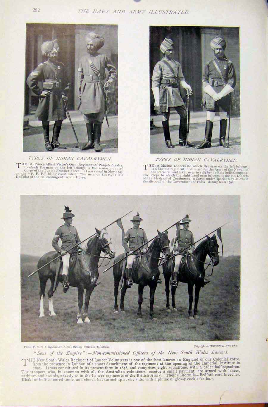 Original Old Antique Print Navy & Army Roayl Horse Artillery Indian Cavalrymen
