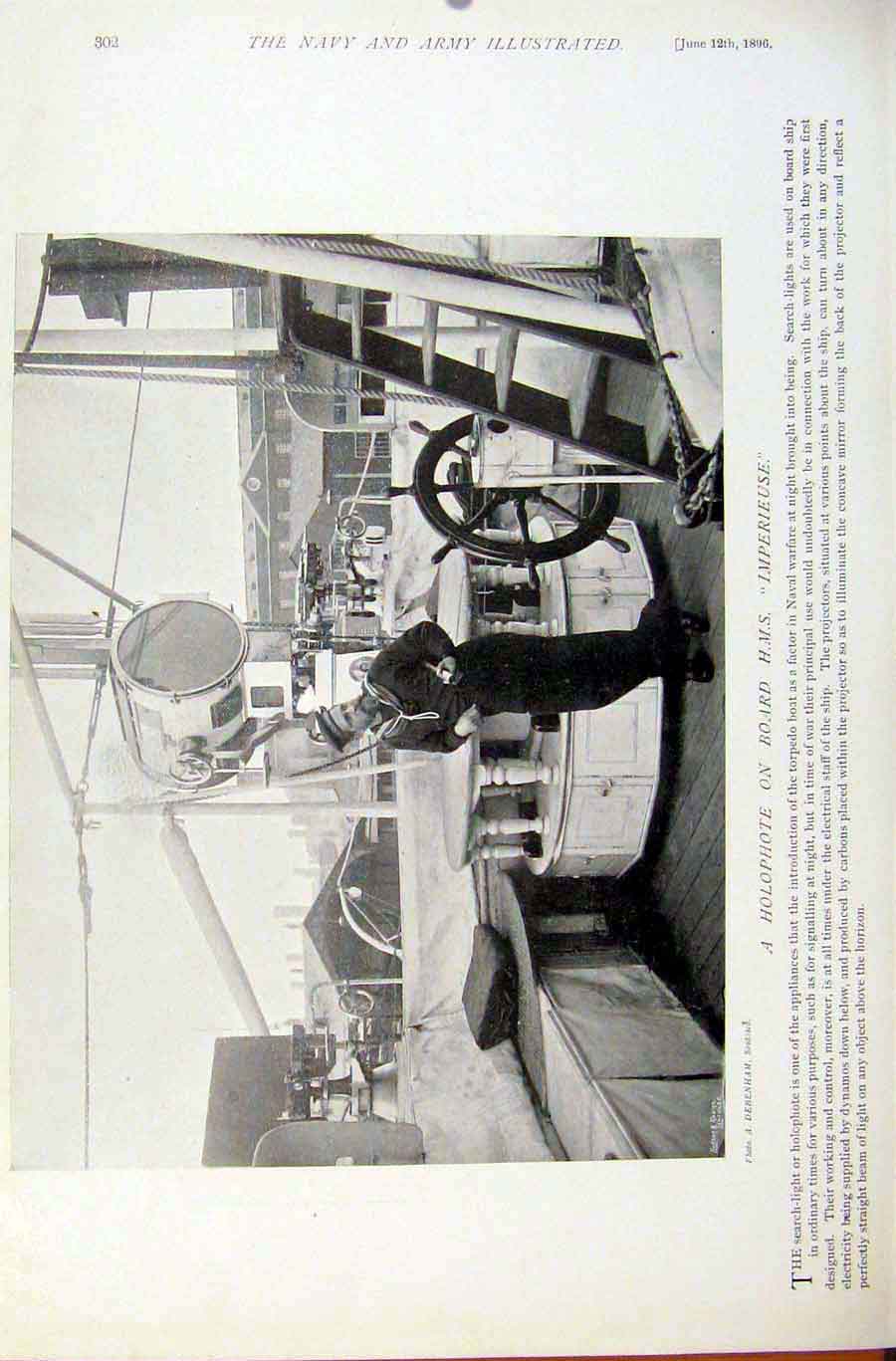 Old Antique Print Navy & Army Captain Magnificent Holophote Hms Imperieus 20th