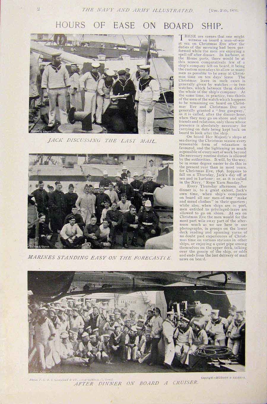 Original Old Antique Print Navy & Army Hours Ease On Board Ship William Emperor