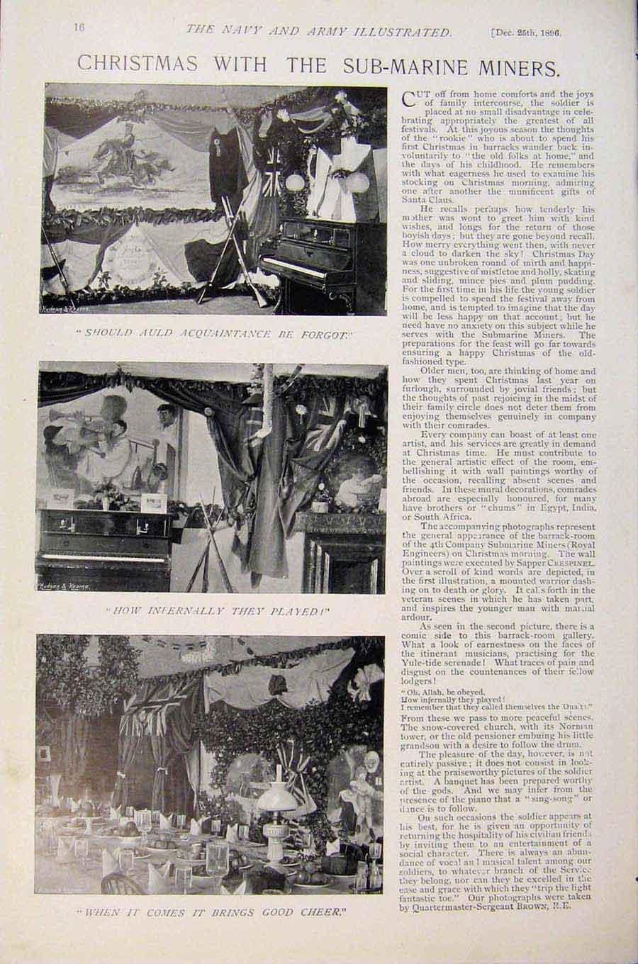 Original Old Antique Print Navy & Army Christmas With The Submarine Miners