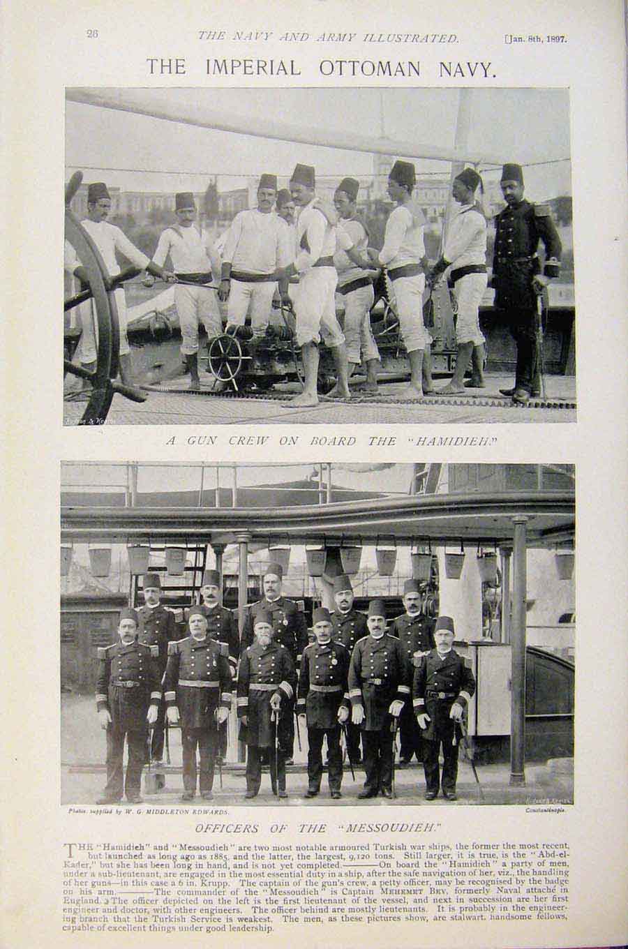 Original Old Antique Print Navy & Army Gun Crew Hamidieh Officers Messoudieh