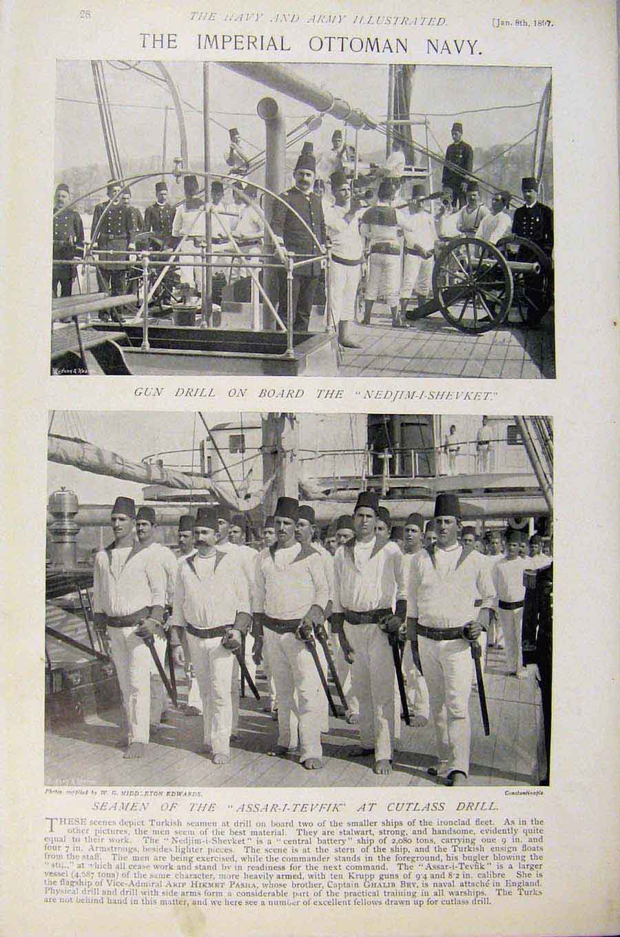 Original Old Antique Print Navy & Army Gun Drill Cutlass Drill On Board Osmanieh
