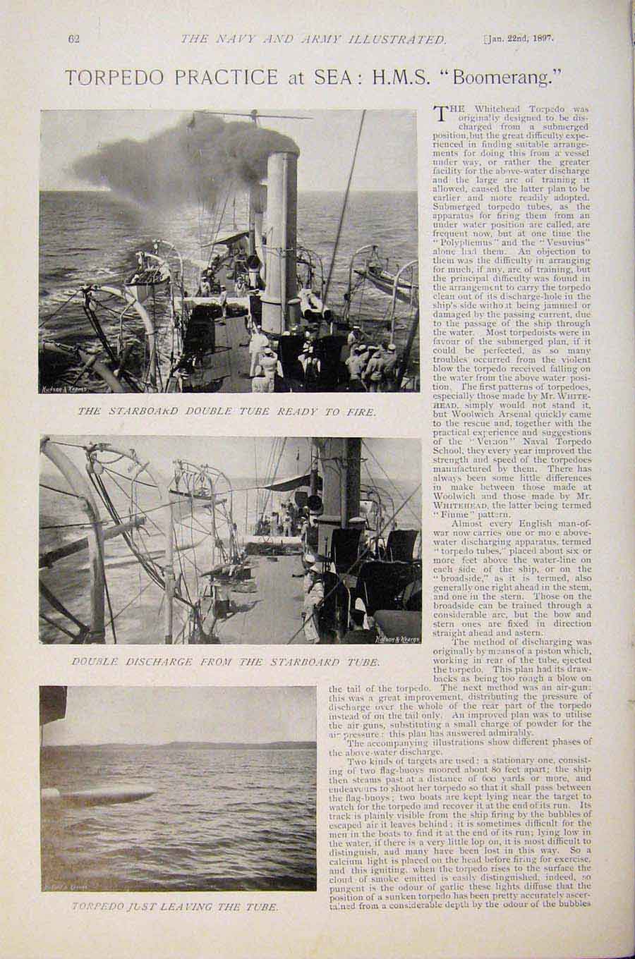 Original Old Antique Print Navy & Army Torpedo Practice At Sea Boomerang