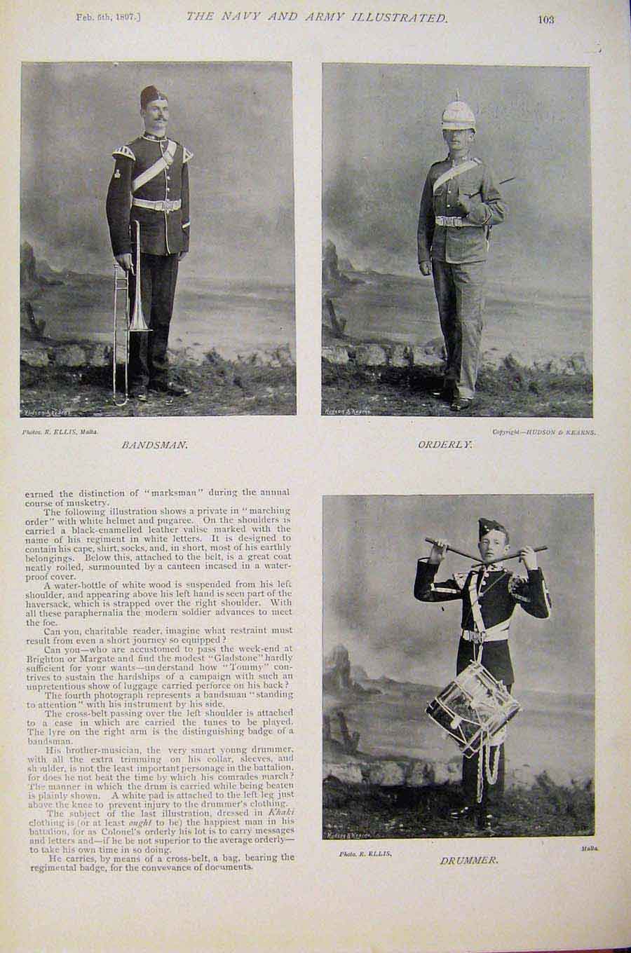 Original Old Antique Print Navy & Army Bandsman Orderly Drummer Indian Army