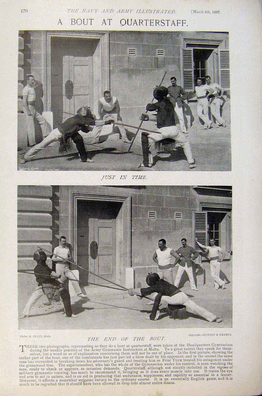 Original Old Antique Print Navy & Army Bout At Quaterstaff Just In Time End Bout