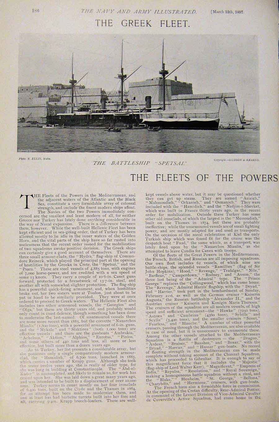 Original Old Antique Print Navy & Army Fleets Powers Greek Fleet Battleships