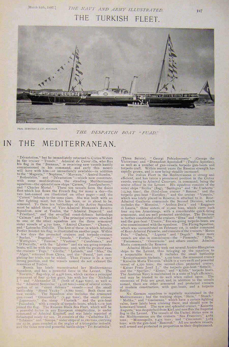 Original Old Antique Print Navy & Army Mediterranean Despatch Boat Turkish Fleet