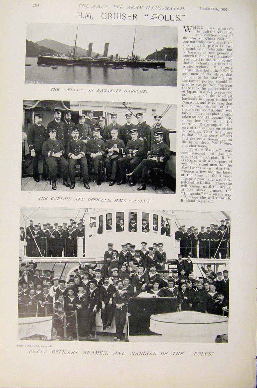 Original Old Antique Print Navy & Army Hm Cruiser Aeolus Petty Officer Seamen
