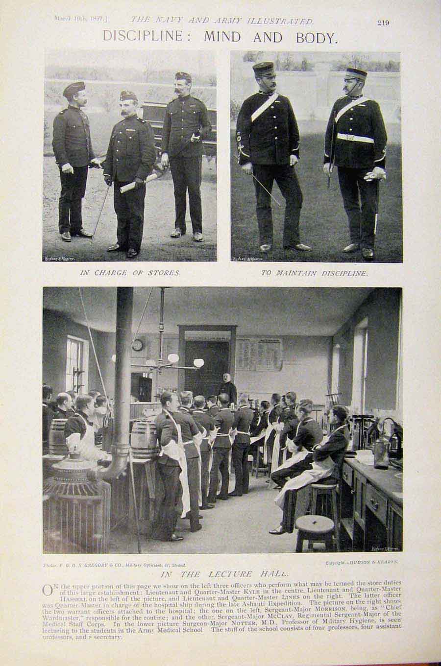 Original Old Antique Print Navy & Army Discipline Mind And Body Lecture Hall