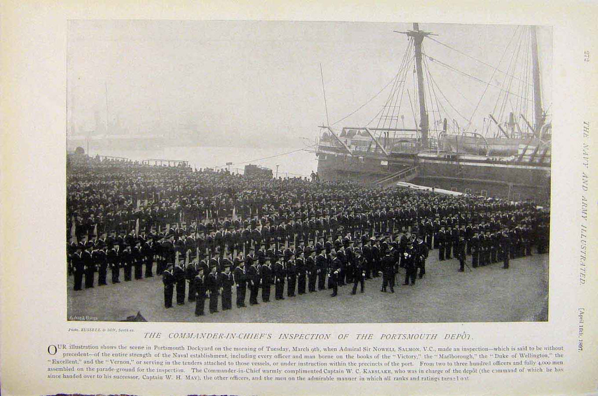 Original Old Antique Print Navy & Army Commander In Chiefs Inspection Portsmouth