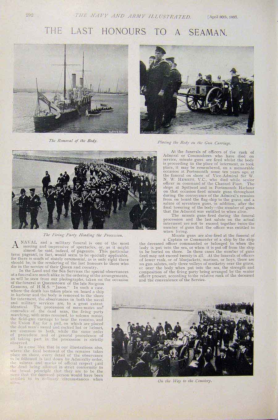 Original Old Antique Print Navy & Army Gallant Sailor Boy Last Honours To Seamen