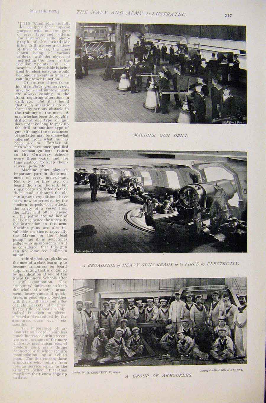 Original Old Antique Print Navy & Army Machine Gun Drill Boys At Aiming Practice