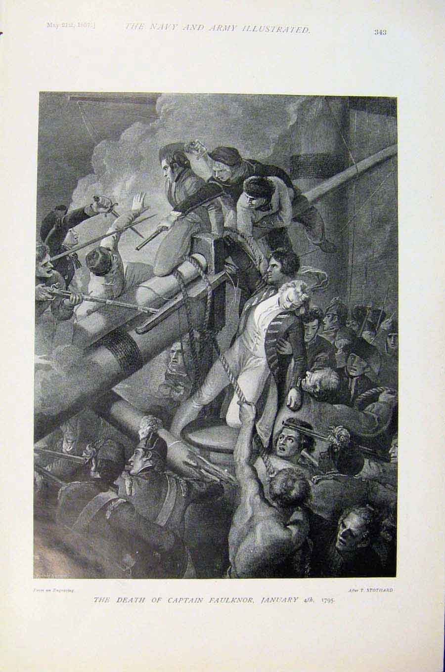 Original Old Antique Print Navy & Army Death Captain Faulknor January 1795 18th