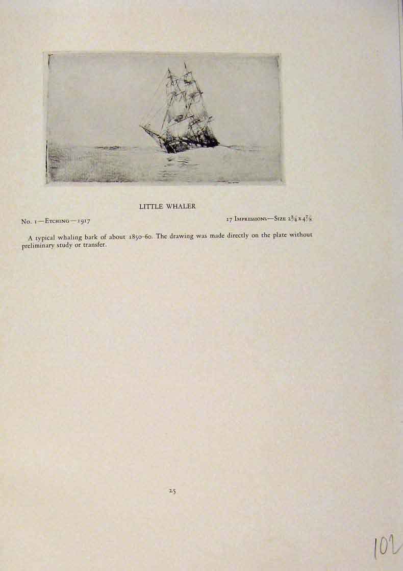 Original Old Antique Print American Ships Little Whaler Limited Edition Etching