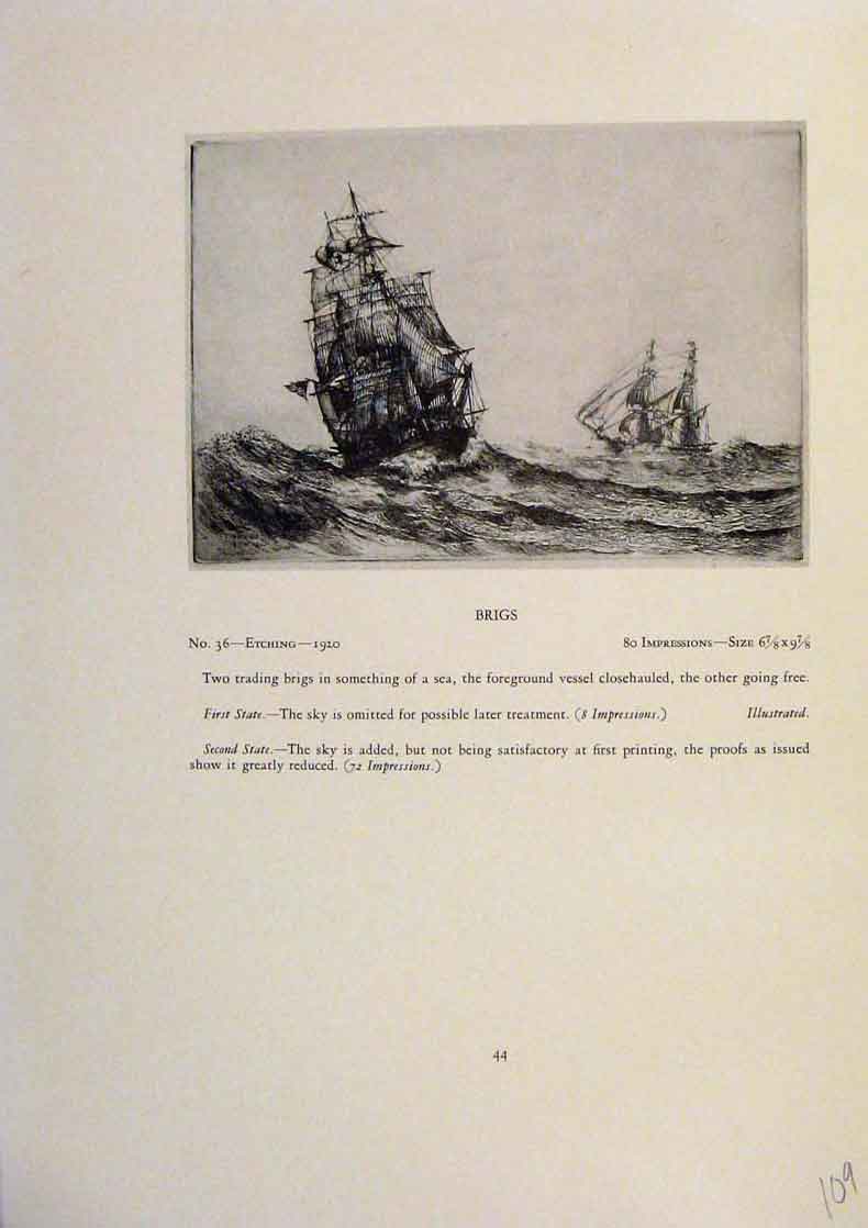 Original Old Antique Print American Ships Brigs Limited Edition Etching