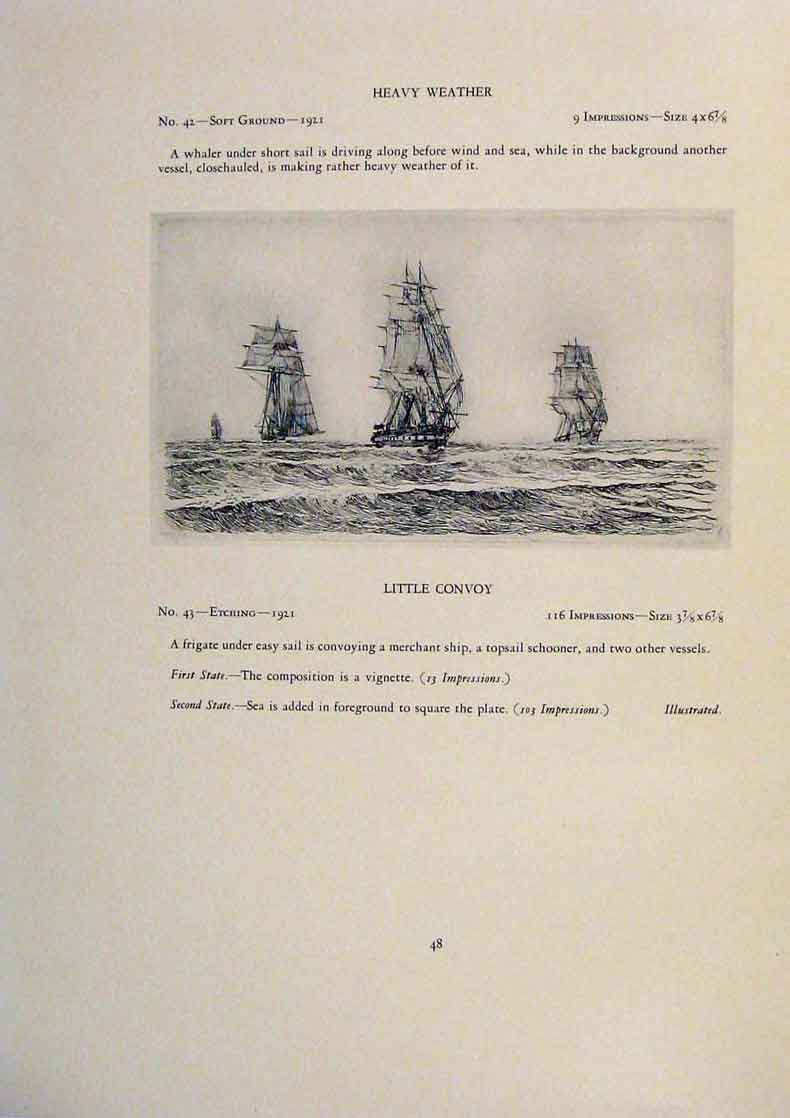 Original Old Antique Print American Ships Stand By To Let Go Soft Ground Etching