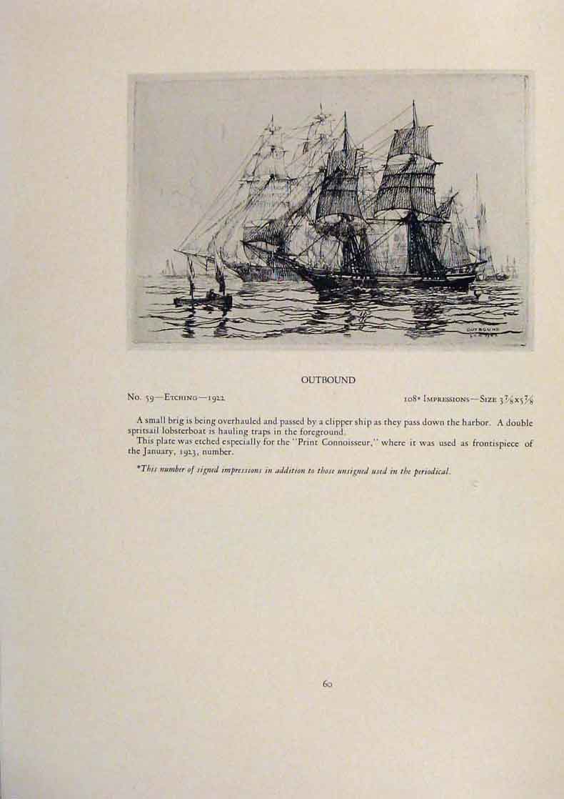 Original Old Antique Print American Ships Fore Chains Limited Edition Etching