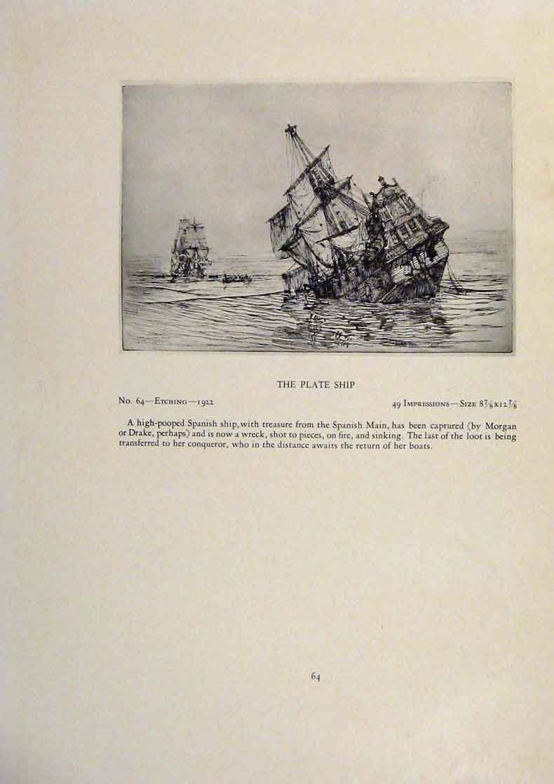 Old Antique Print American Ships Kinder Thick Sailed Yesterday Plate Ship 19th