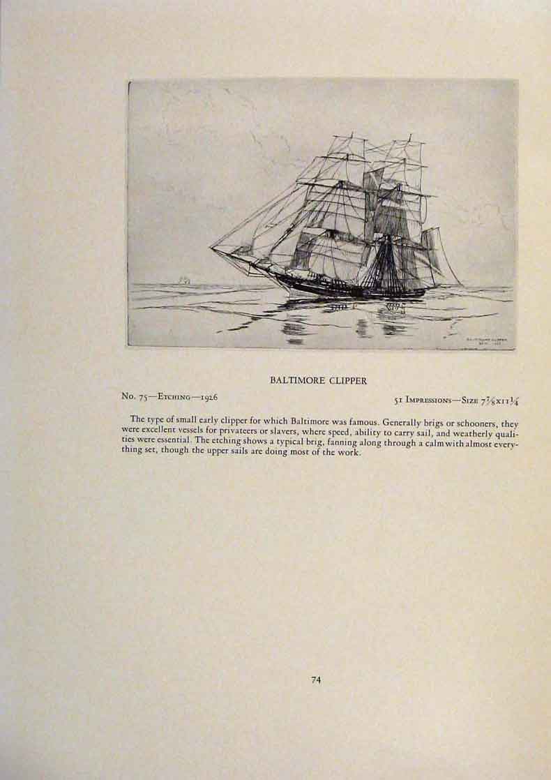 Old Antique Print American Ships Heave To Nearly Limited Edition Etching