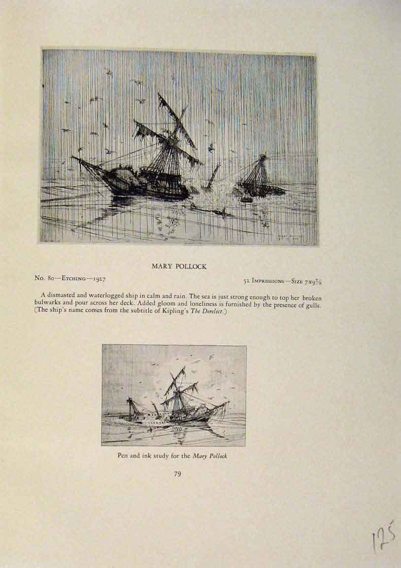 Original Old Antique Print American Ships Mary Pollock Limited Edition Etching