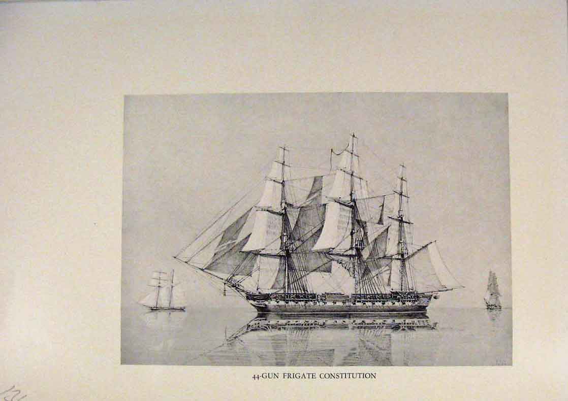 Original Old Antique Print American Ships Gun Fridgate Sonstitution Lihographs