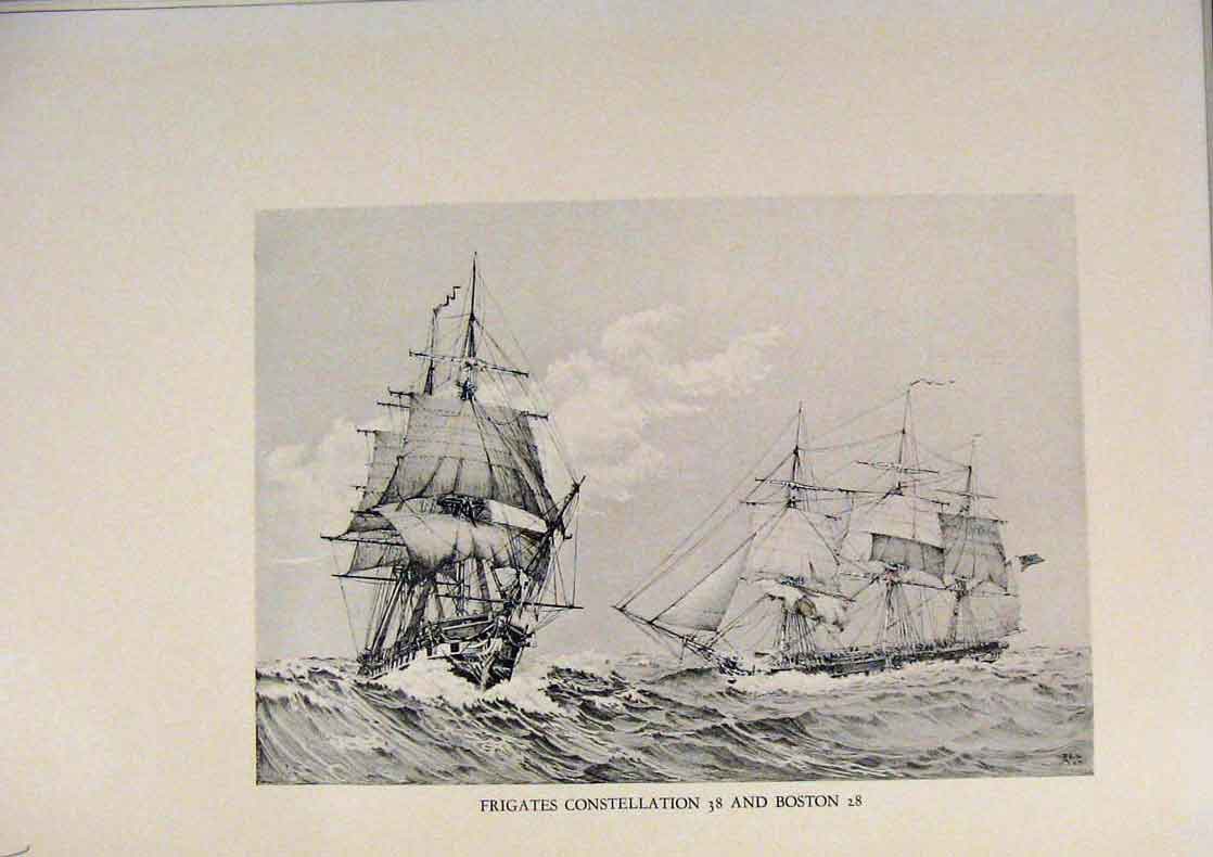 Original Old Antique Print American Ships Frigates Constellation And Boston