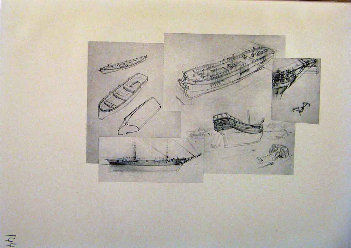 Original Old Antique Print American Ships Sketches Fine Art