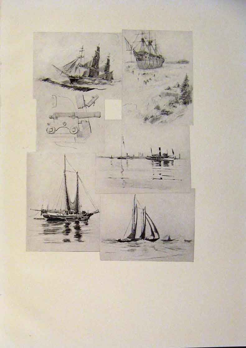 Original Old Antique Print American Ships Sketches Fine Art