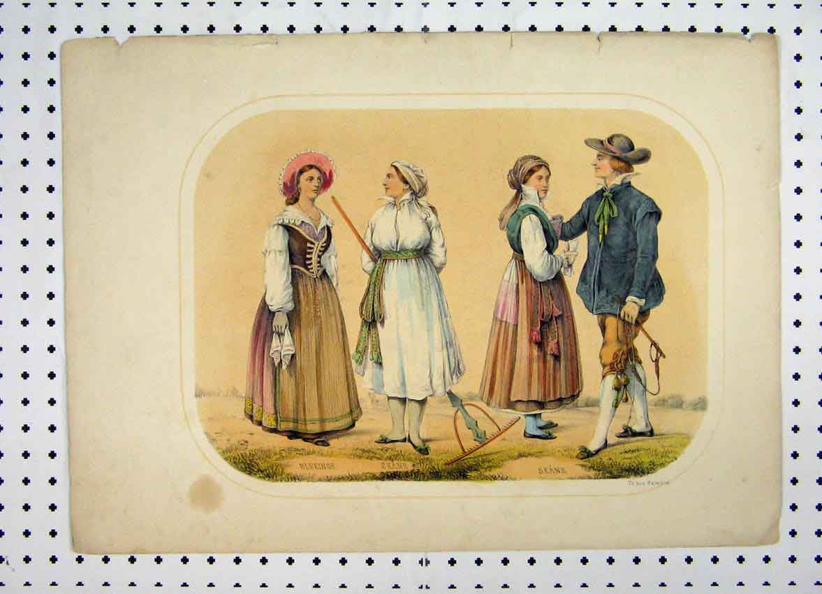 Original Old Antique Print C1870 Colour Sweden Costumes Romance Dresses 19th