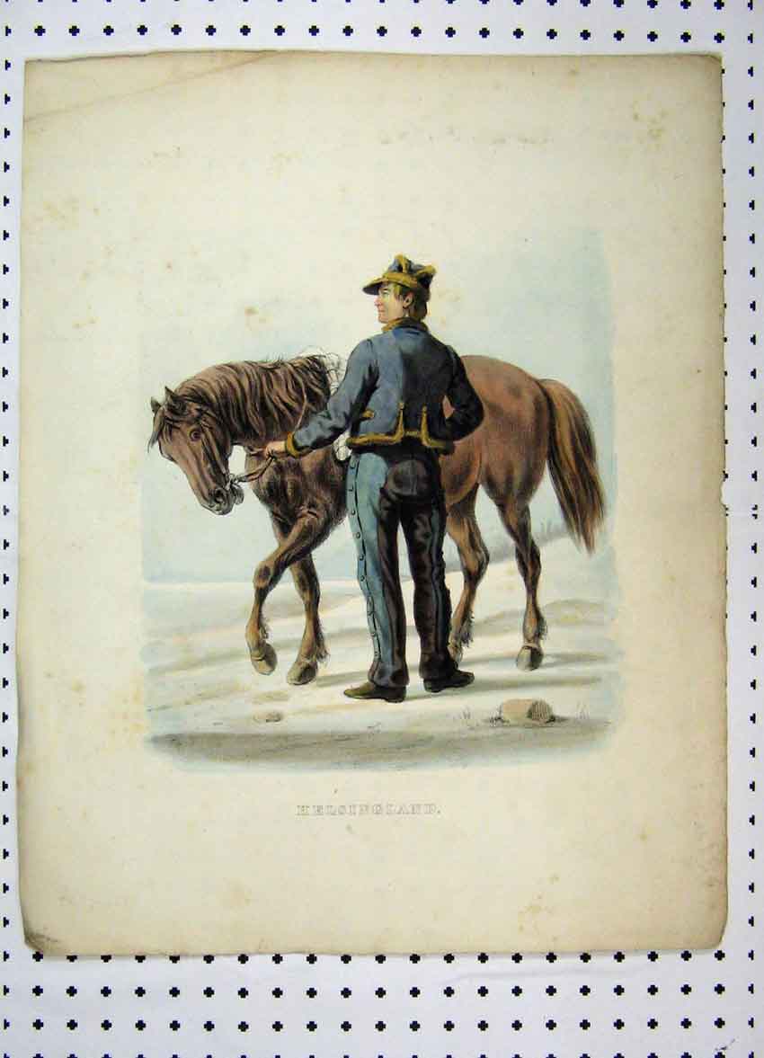 Original Old Antique Print Sweden Colour C1870 Costumes Man Brown Horse 19th