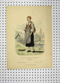 Original Old Antique Print C1870 Sweden Costumes Colour Woman Dress Church 19th