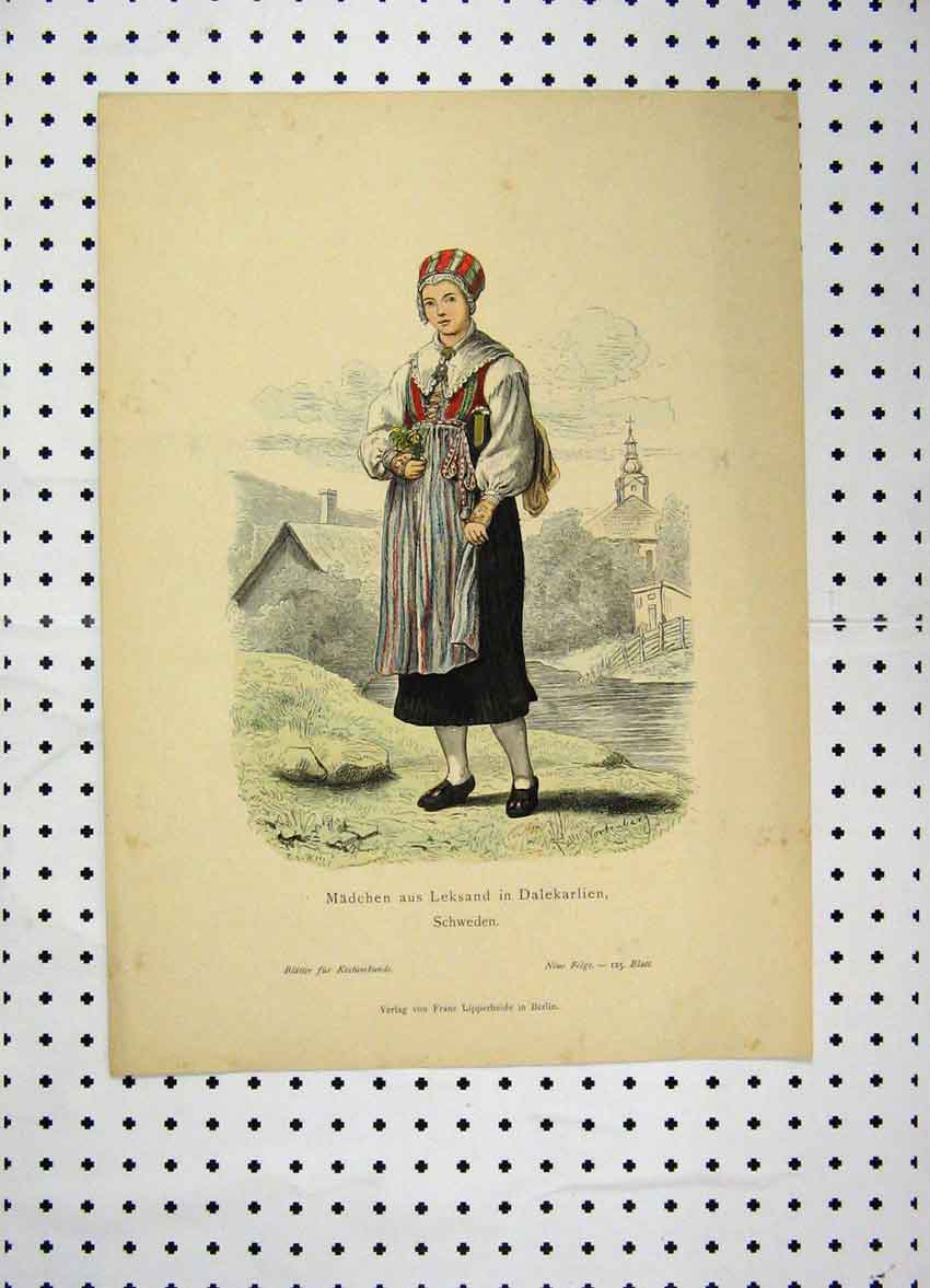 Original Old Antique Print C1870 Sweden Costumes Colour Woman Dress Church 19th