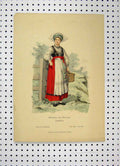 Original Old Antique Print C1870 Sweden Costumes Colour Woman Basket Fence 19th
