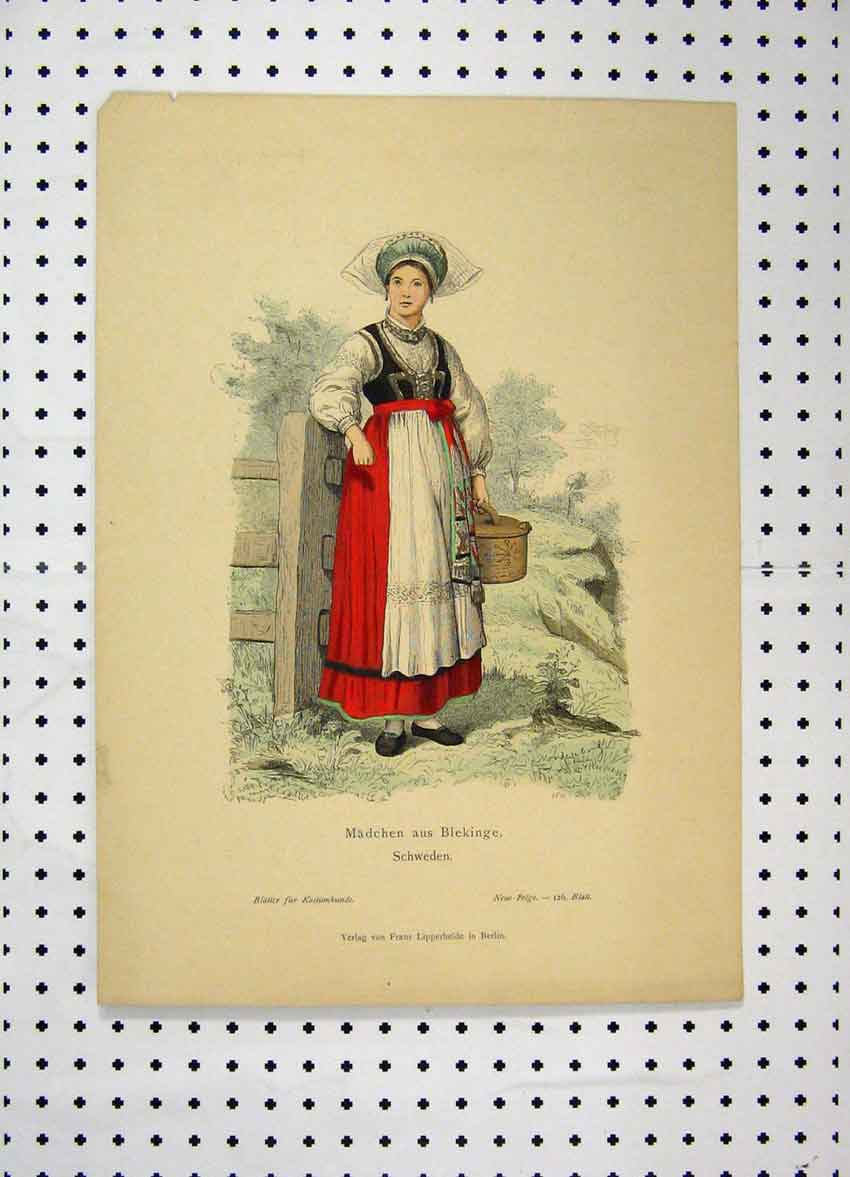 Original Old Antique Print C1870 Sweden Costumes Colour Woman Basket Fence 19th